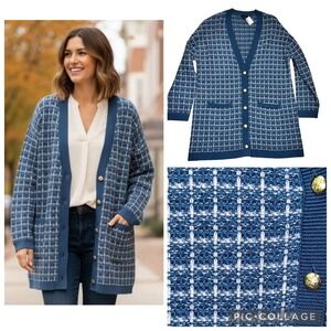 NWT Talbots Women's XL Blue Merino Wool Plaid Knit‎ Cardigan Sweater